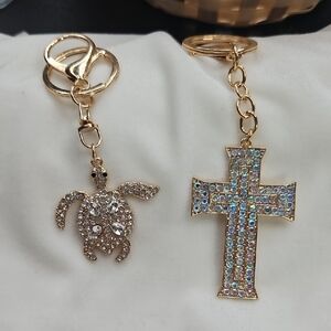 2 Pieces Sparkling Rhinestone Gold Sea Turtle and Cross Keychain Set Bag Charms